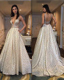 Chic Sparkly Deep V Neck Straps Wedding Dress Sequin Long Prom Dresses JS781