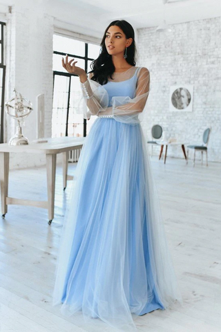 Long Sleeves Chiffon Scoop Prom Dresses Blue Tulle Modest Formal Dresses