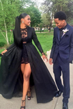 2024 New Style Vintage Long Sleeve Sexy Black A-Line Lace High Neck Prom Dresses JS984