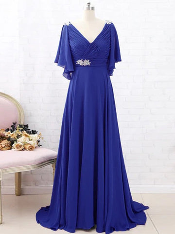 Paige A-Line/Princess Chiffon Beading V-neck Short Sleeves Sweep/Brush Train Mother of the Bride Dresses SJSP0020288