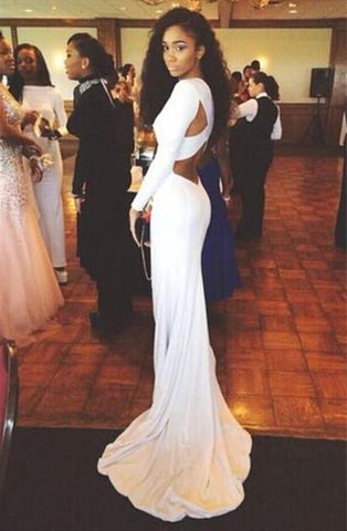 Open Back White Prom Dresses With Long Sleeves Tight Backless Royal Blue Prom Gown JS153