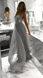 Light Grey Backless Spaghetti Straps Lace Tulle Long A-line V-Neck Prom Dresses JS529