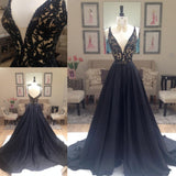 New Arrival Deep V-Neck Lace Chiffon Elegant A-line Black Long Open Back Prom Dresses JS822