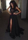 Sexy Black Prom Dresses With Applique And Slit Sweep Train