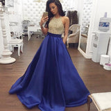 Dark Royal Blue Open Back Halter Prom Dresses Beaded Bodice Satin Floor-Length