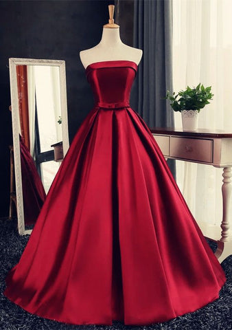 Long Burgundy Prom Dresses Ball Gowns Evening Party Gown Strapless Stain Lace-up Dress JS715