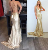 Backless Sequin Mermaid Long Custom Criss Cross Sleeveless Prom Dresses JS941