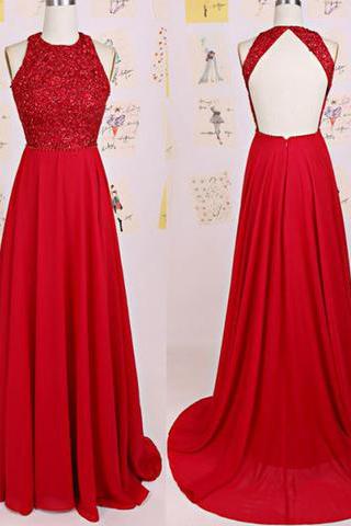 Charming O-Neck Beading A-Line Red Floor-Length Chiffon Backless Prom Dresses JS129