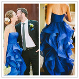 High Low Royal Blue Organza Prom Gowns Strapless Evening Dresses For Teens Brides JS158