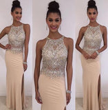 Champagne Halter Mermaid Elegant Beads Jewelry Hot Slit Prom Dresses JS164