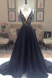 New Arrival Deep V-Neck Lace Chiffon Elegant A-line Black Long Open Back Prom Dresses JS822