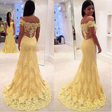 Elegant Sheath Yellow Lace Off Shoulder Long Prom Dresses JS662