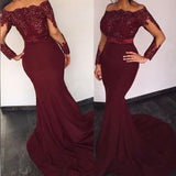 Burgundy Satin Long Sleeves Elie Saab Off the shoulder Appliques Mermaid Prom Dresses JS756