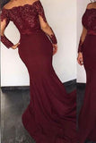 Burgundy Satin Long Sleeves Elie Saab Off the shoulder Appliques Mermaid Prom Dresses JS756