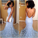 Fantastic Long Halter Neck Sleeveless Mermaid Beads Lace Backless Prom Dresses JS755