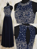 Navy Blue Elegant Long Beaded Chiffon Pageant Formal Gowns