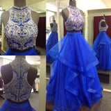 Royal Blue Two Piece Beaded Bodice Tulle Skirt Ball Gown Halter Sleeveless Prom Dresses JS224