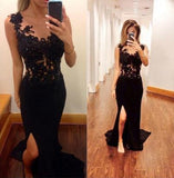 Pretty Mermaid Black Lace Beading Sweetheart With Slit Modest Cheap Prom Dresses JS144