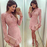 Lace dress pink Sexy lace Elegant short O neck Prom Dresses Long sleeve Party dresses JS725