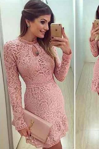 Lace dress pink Sexy lace Elegant short O neck Prom Dresses Long sleeve Party dresses JS725