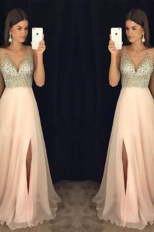 Modest sparkly crystal beaded v-neck open back long chiffon pageant slit Prom Dresses JS846