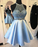 Elegant A-line Jewel Short Halter Sleeveless Satin Beads Light Blue Short Prom Dresses JS927