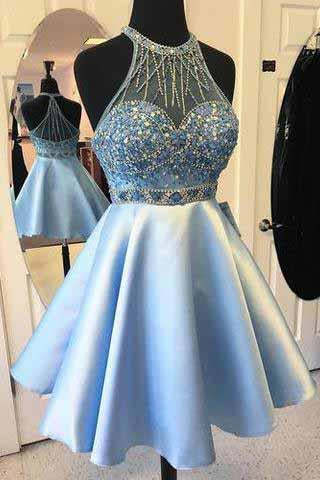 Elegant A-line Jewel Short Halter Sleeveless Satin Beads Light Blue Short Prom Dresses JS927