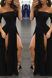 Sexy Black Long Off-the-Shoulder A-Line Half Sleeve Scoop Sexy Slit Prom Dresses JS790