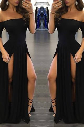 Sexy Black Long Off-the-Shoulder A-Line Half Sleeve Scoop Sexy Slit Prom Dresses JS790