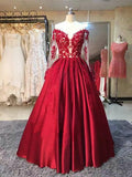 A-line Long Sleeves Sweetheart Lace Floor-Length Burgundy Cheap Prom Dresses JS760