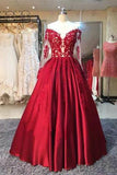 A-line Long Sleeves Sweetheart Lace Floor-Length Burgundy Cheap Prom Dresses JS760