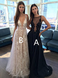 A Line V Neck Appliques Long Prom Dress V-neck Sexy Evening Party Dresses JS605