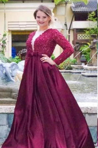 A Line V Neck Long Sleeves Beading Sweep Train Satin Plus Size Prom Dresses JS196