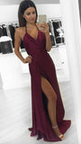 New Fashion Modest Sexy A-Line Burgundy Slit Halter Backless V-Neck Prom Dresses JS761