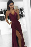 New Fashion Modest Sexy A-Line Burgundy Slit Halter Backless V-Neck Prom Dresses JS761