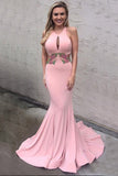 Decent Round Neck Keyhole Sweep Train Pink Mermaid Prom Dress with Appliques JS779