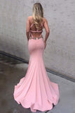 Decent Round Neck Keyhole Sweep Train Pink Mermaid Prom Dress with Appliques JS779