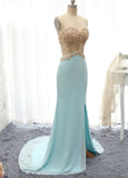 Sexy Prom Dresses Sheath With Slit And Applique Sweep Train Spandex