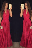 Hot Sexy V-neck Red Prom Dresses/Lace Long Formal Dress JS425