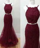 Hot-Selling Two-Piece Mermaid Halter Sleeveless Burgundy Long Prom Dress with Beading JS779