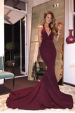 Burgundy Mermaid V Neck Backless Sweep Train Prom Dresses JS211