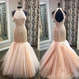 High Neck Prom Dresses Mermaid/Trumpet With Beading Tulle Zipper Up