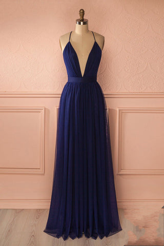 prom dresses fashion navy blue tulle backless open backs evening dress