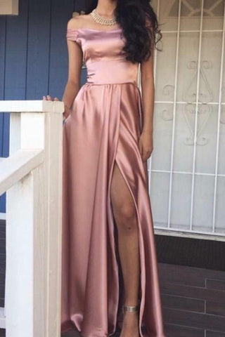 prom dresses fashion pink off the shoulder sexy slit evening dress