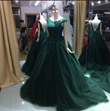 A-line Green Lace Appliques Ball Gown V-back Evening Dresses Prom Dresses JS737