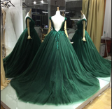 A-line Green Lace Appliques Ball Gown V-back Evening Dresses Prom Dresses JS737