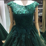 A-line Green Lace Appliques Ball Gown V-back Evening Dresses Prom Dresses JS737