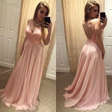 Sexy Blush Pink Backless Simple Long V-Neck Spaghetti Straps Backless Prom Dresses JS768