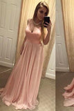 Sexy Blush Pink Backless Simple Long V-Neck Spaghetti Straps Backless Prom Dresses JS768