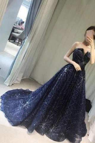 Elegant A-Line Strapless Navy Blue Sparkly Long Prom Dress JS427